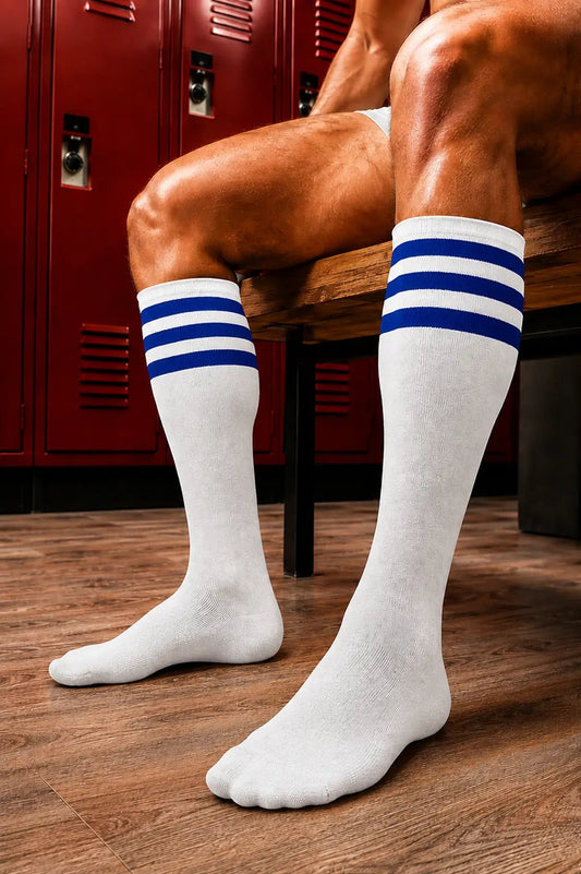 Long Socks. White + 3 Blue Stripes - NSC323-YX - www.maskulo.berlin - Local store