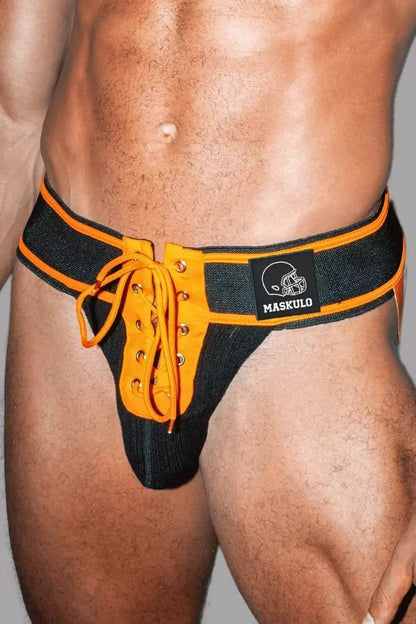 Matt Gridd-Iron, American Football Jockstrap. Black + Orange - MJS203-Y1 1 - www.maskulo.berlin Local City Store