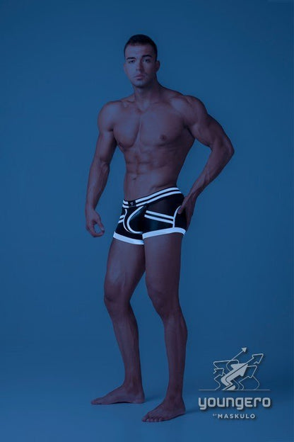 Men's Trunk Shorts. Codpiece. Zippered Rear. Black and White Neon - MTR102 - Y5 - www.maskulo.berlin - Local store