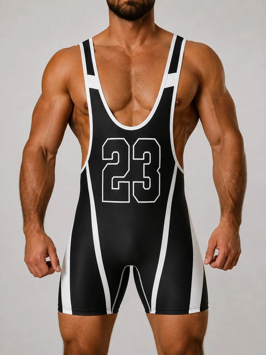 Mid-Cut Wrestling Singlet '23'. Black - NSG334-Y1 - www.maskulo.berlin - Local store