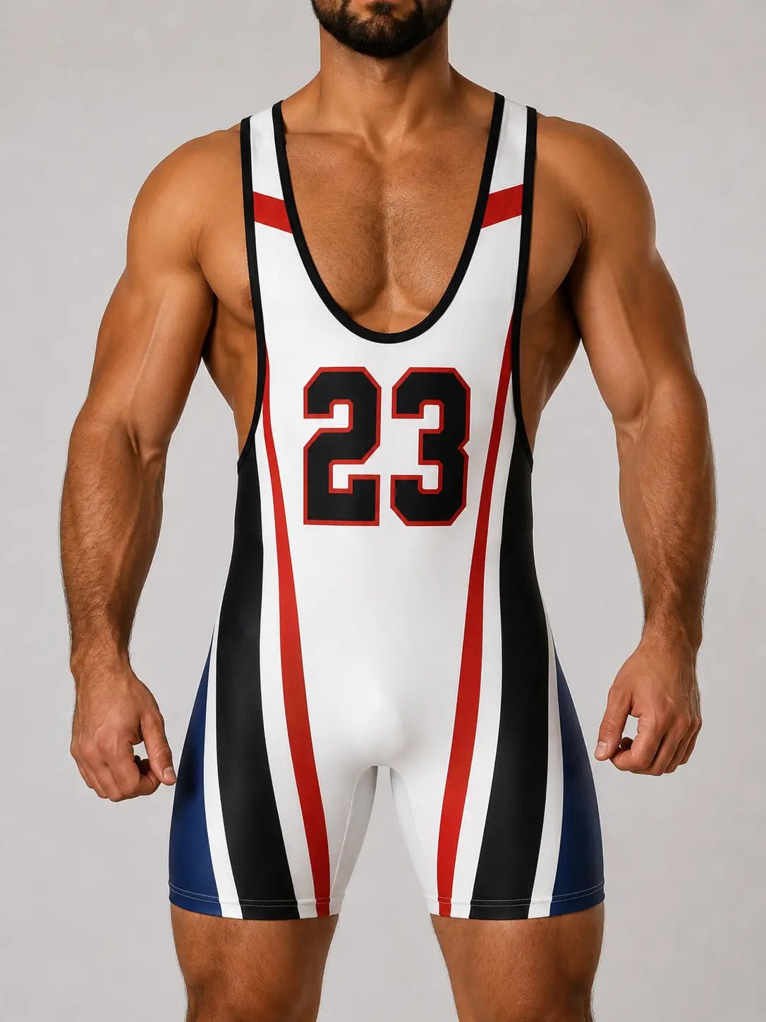 Mid-Cut Wrestling Singlet '23'. White - NSG335-Y1 1 - www.maskulo.berlin Local City Store