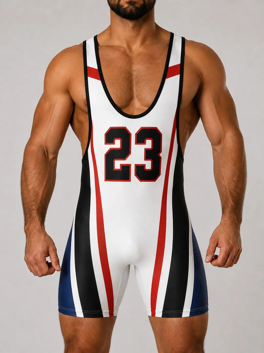 Mid-Cut Wrestling Singlet '23'. White - NSG335-Y1 - www.maskulo.berlin - Local store