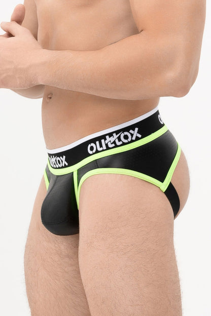 Open Rear Briefs With Snap Codpiece. Black+Green Neon - XBR103-Y1 - www.maskulo.berlin - Local store