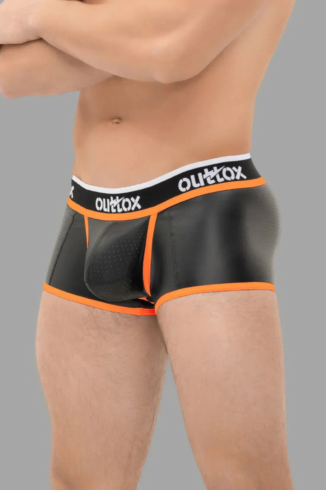 Open Rear Trunk Shorts. Snap Codpiece. Black And Orange - XTR103-Y1 2 - www.maskulo.berlin Local City Store