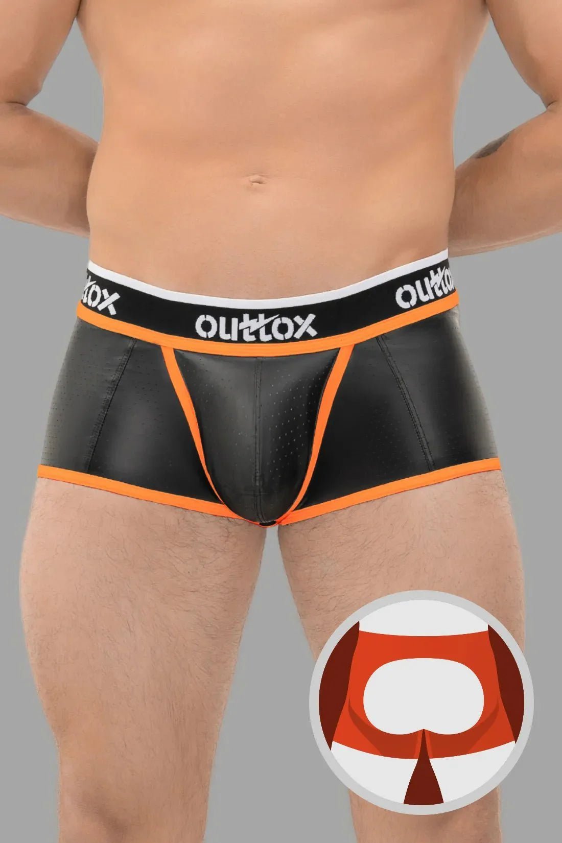 Open Rear Trunk Shorts. Snap Codpiece. Black And Orange - XTR103-Y1 1 - www.maskulo.berlin Local City Store