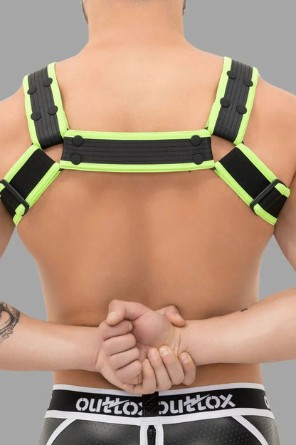 Outtox. Bulldog Harness with Snaps. Black and Green Neon - XHR109 - Y5 - www.maskulo.berlin - Local store