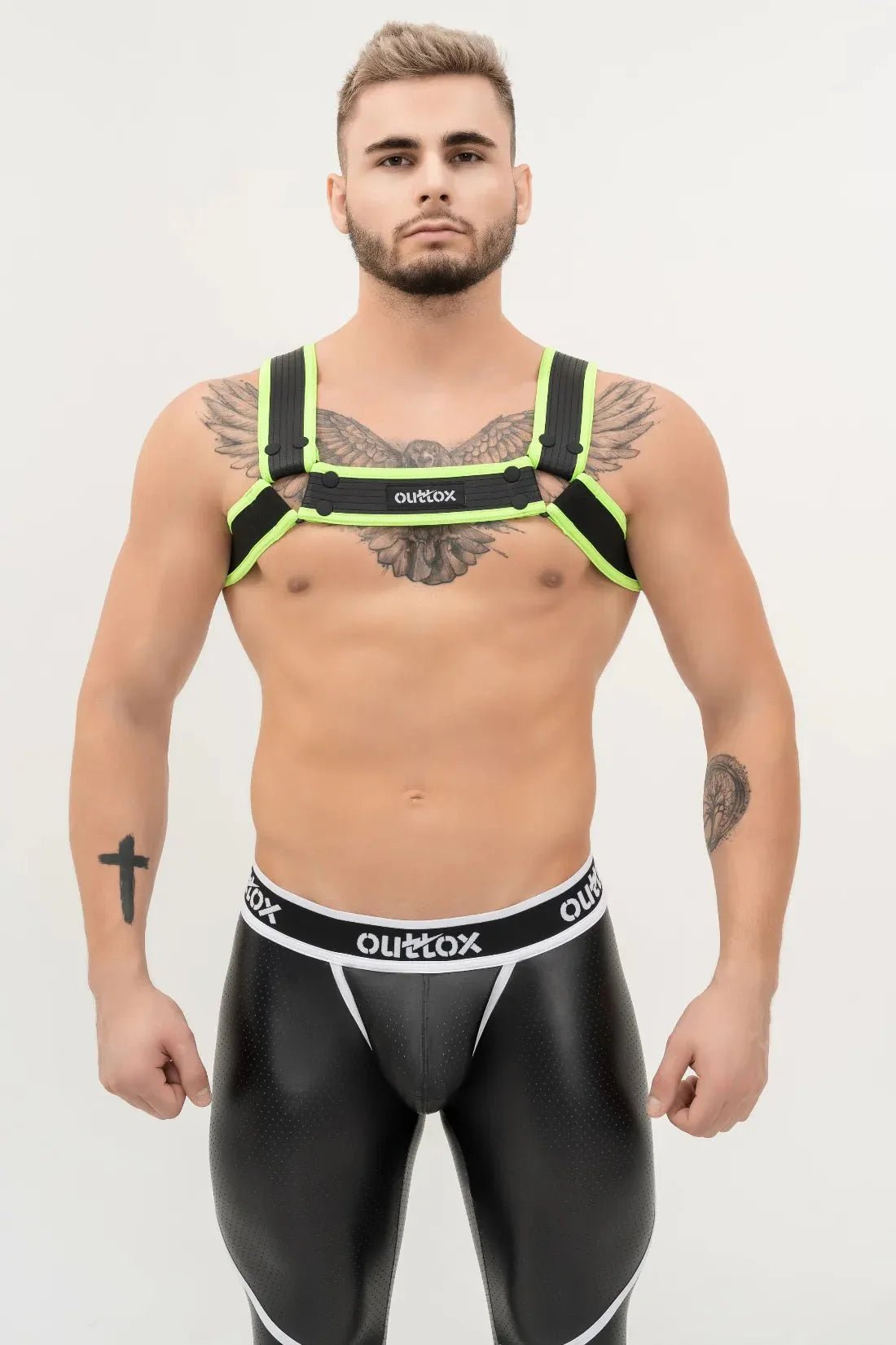 Outtox. Bulldog Harness with Snaps. Black and Green Neon - XHR109 - Y5 - www.maskulo.berlin - Local store