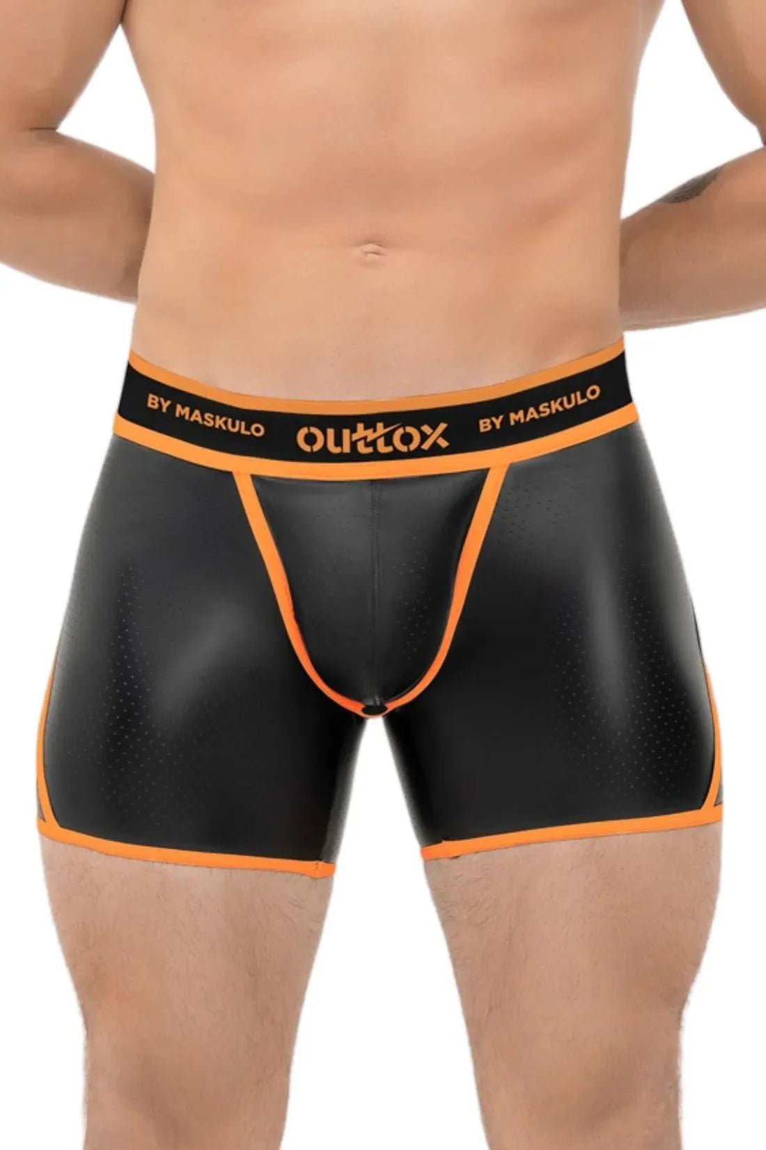 Outtox by Maskulo. Open Rear Shorts with Snap Codpiece. Orange + Black - XSH118-Y1 5 - www.maskulo.berlin Local City Store