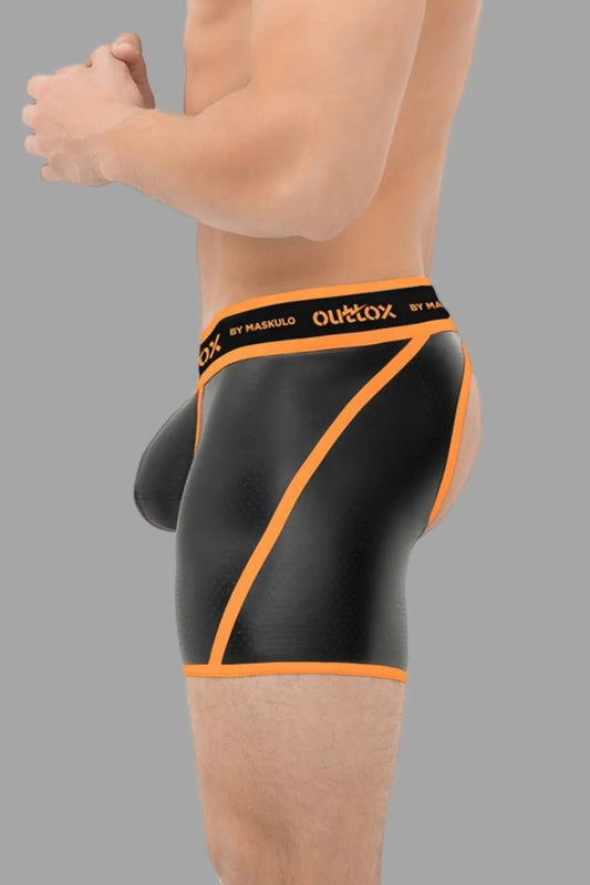 Outtox by Maskulo. Open Rear Shorts with Snap Codpiece. Orange + Black - XSH118-Y1 - www.maskulo.berlin - Local store