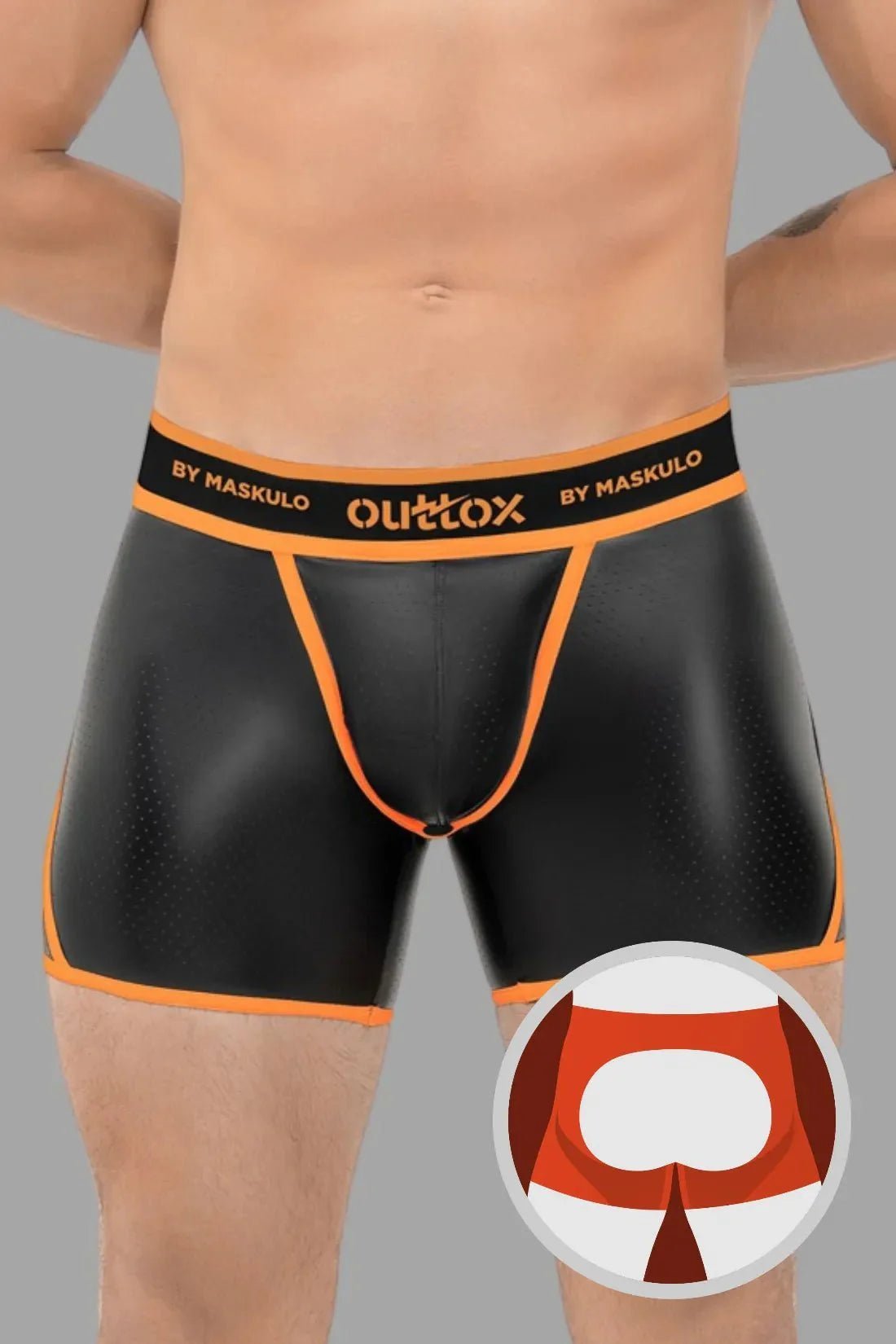 Outtox by Maskulo. Open Rear Shorts with Snap Codpiece. Orange + Black - XSH118-Y1 1 - www.maskulo.berlin Local City Store