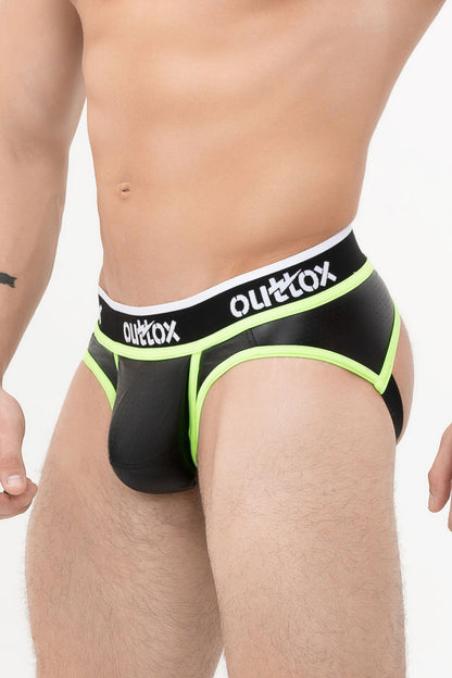 Outtox. Open Rear Briefs with Snap Codpiece. Black+Green Neon - XBR103 - Y2 - www.maskulo.berlin - Local store