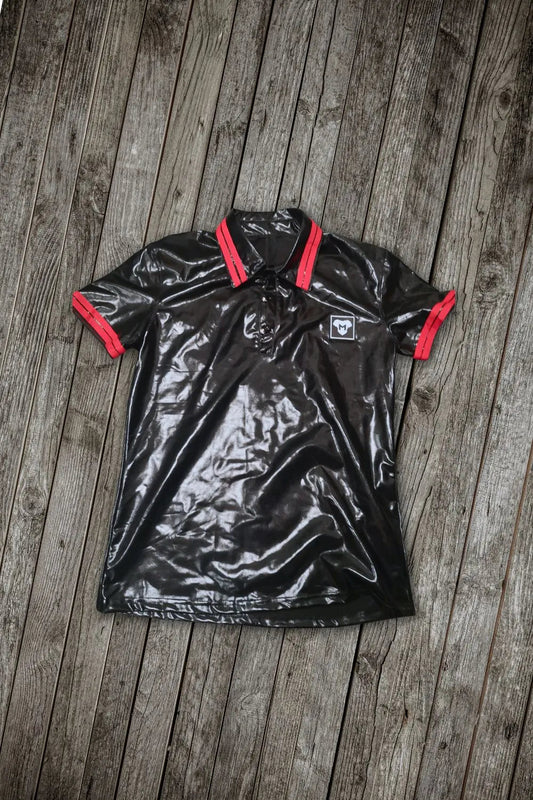 Polo Shirt of Black Shiny PU. Red Stripes &pn - MTP182-Y1 - www.maskulo.berlin - Local store