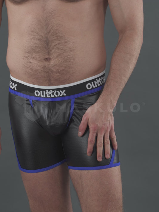 Outtox. Offene hintere Shorts mit Snap Codpiece. Schwarz+Blau „Royal“