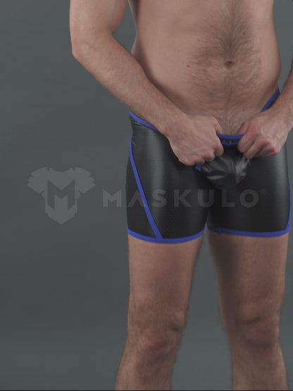 Outtox. Offene hintere Shorts mit Snap Codpiece. Blau