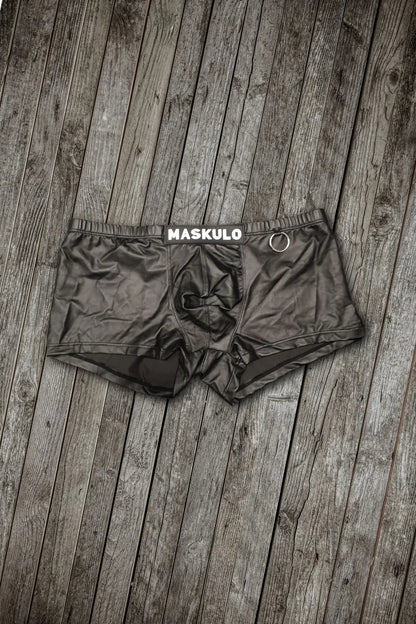 Ramon LiquidOil PU Leather Trunk Shorts. Ring. Regular Rear. Black &pn - MTR173-Y1 - www.maskulo.berlin - Local store