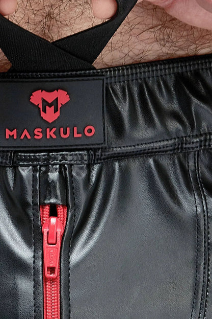 Skulla. Leatherette Jogging Shorts. Black+Red - MSH102-Y1 - www.maskulo.berlin - Local store