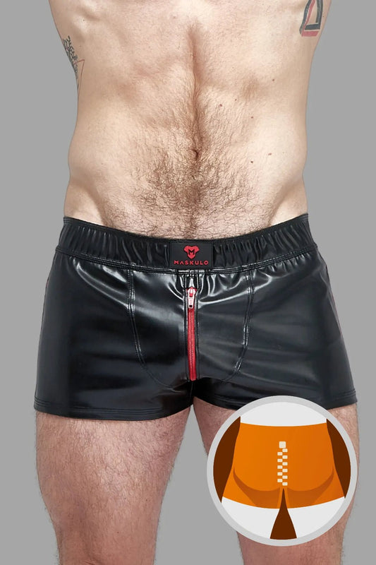 Skulla. Leatherette Jogging Shorts. Black+Red - MSH102 - Y1 - www.maskulo.berlin - Local store