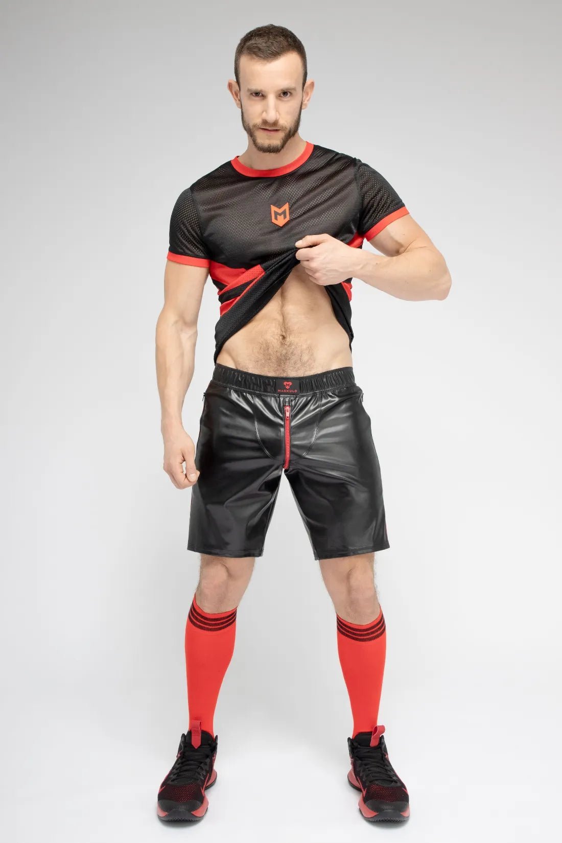 Skulla. Leatherette Soccer Shorts. Black+Red - MSH104-Y1 - www.maskulo.berlin - Local store
