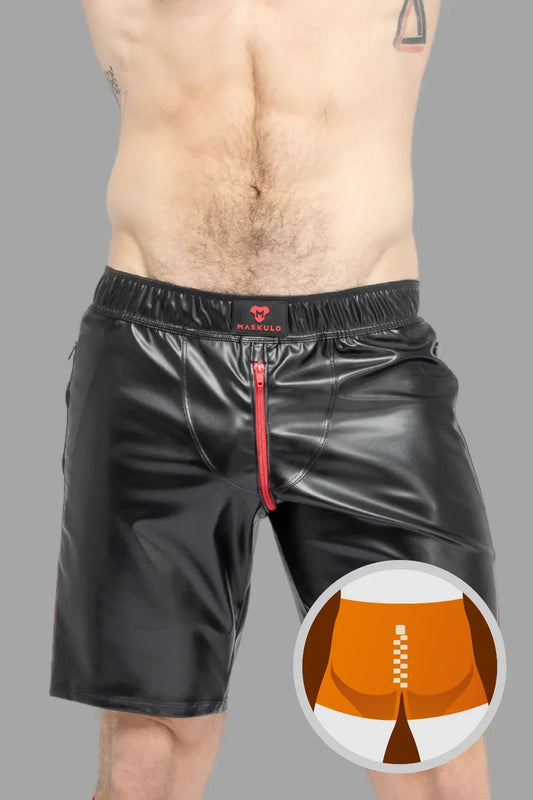 Skulla. Leatherette Soccer Shorts. Black+Red - MSH104 - Y1 - www.maskulo.berlin - Local store