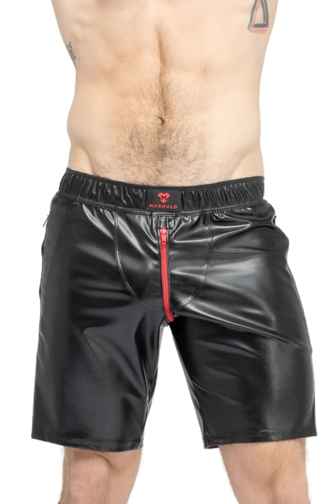 Skulla. Leatherette Soccer Shorts. Black+Red - MSH104 - Y1 - www.maskulo.berlin - Local store