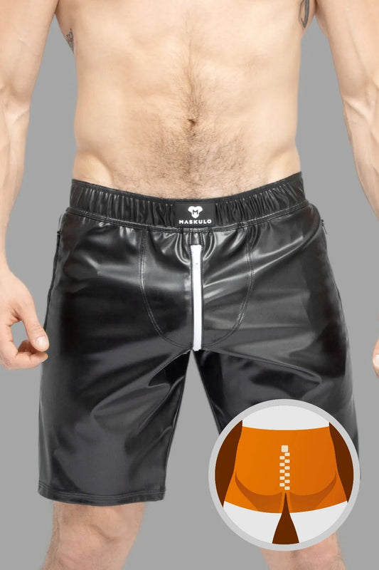 Skulla. Leatherette Soccer Shorts. Black+White - MSH105 - Y1 - www.maskulo.berlin - Local store