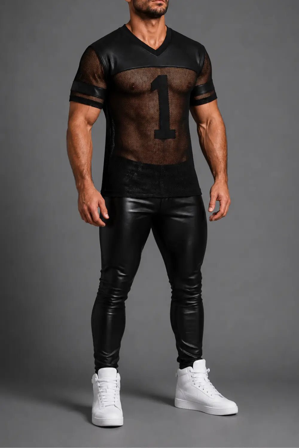 T-Shirt '1' of Mesh and PU leather - NTS312-Y1 1 - www.maskulo.berlin Local City Store