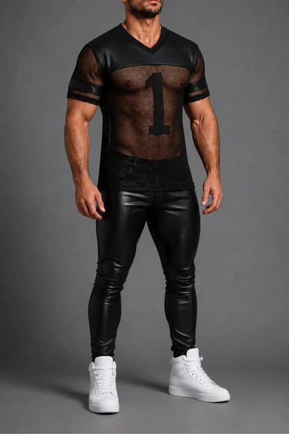 T-Shirt '1' of Mesh and PU leather - NTS312-Y1 1 - www.maskulo.berlin Local City Store