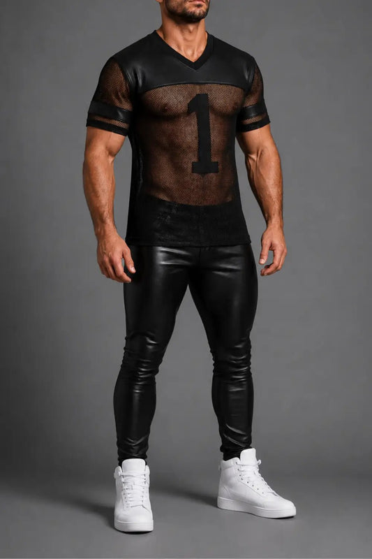 T-Shirt '1' of Mesh and PU leather - NTS312-Y1 - www.maskulo.berlin - Local store