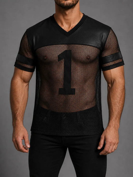 T-Shirt '1' of Mesh and PU leather - NTS312-Y1 - www.maskulo.berlin - Local store