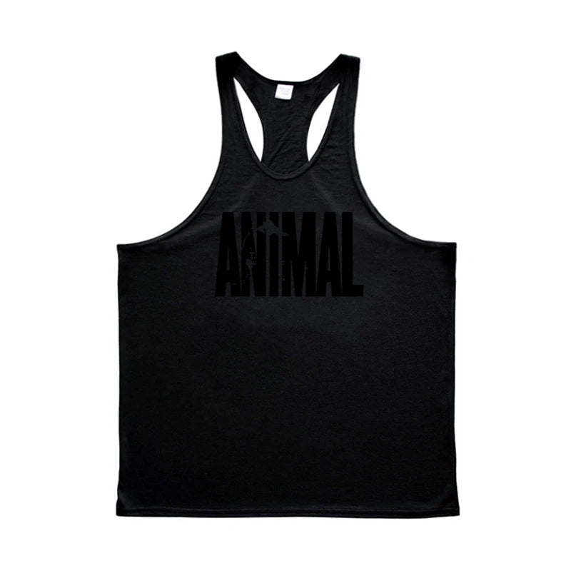 Black tank top with 'THE ANIMAL' text on a white background