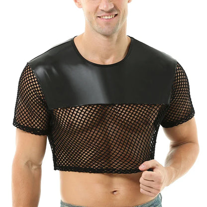 Crop Top. Mesh And PU Leather. Black