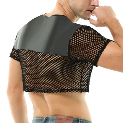 Crop Top. Mesh And PU Leather. Black
