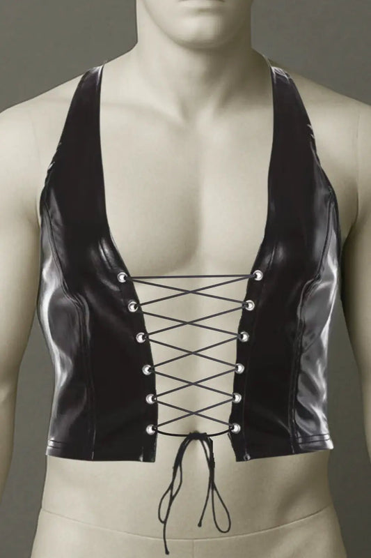 Wet-Look Laced Front Halter Top - NTP332-Y1 - www.maskulo.berlin - Local store