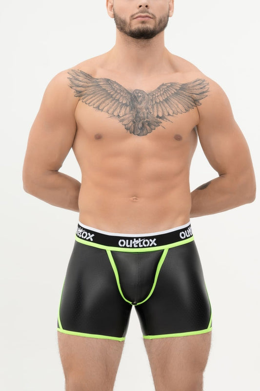 Wrap-Rear Short Tights. Snap Codpiece. Black+Green Neon - XSH113-Y1 - www.maskulo.berlin - Local store
