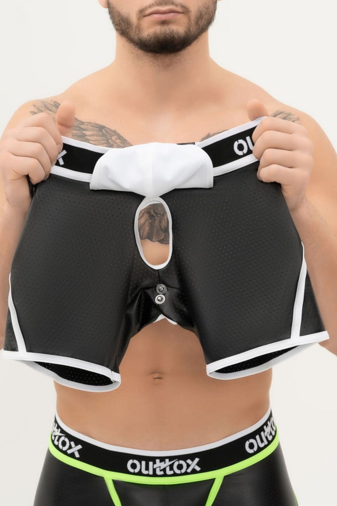Wrap-Rear Short Tights. Snap Codpiece. Black+White - XSH115-Y1 - www.maskulo.berlin - Local store