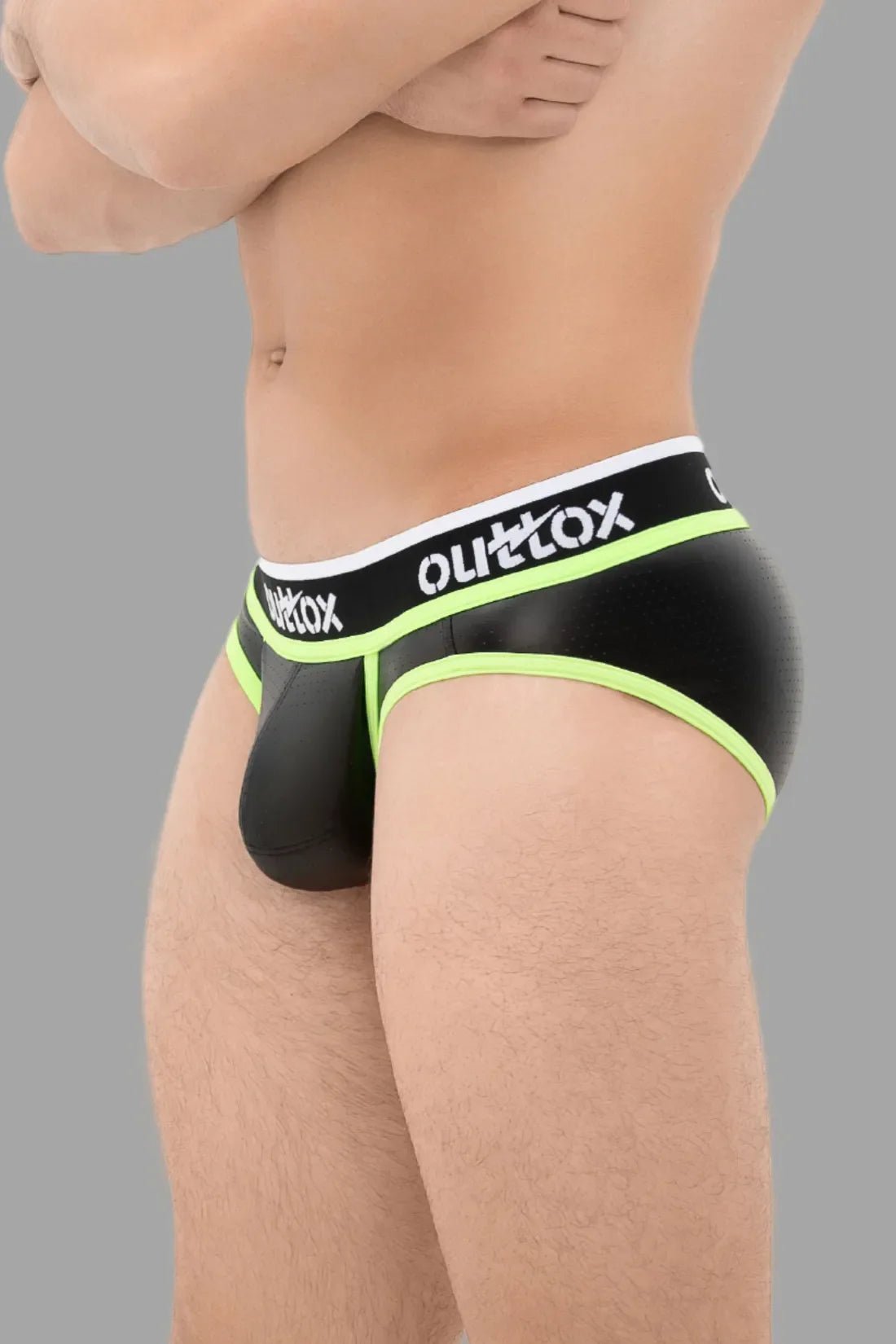 Wrapped Rear Briefs With Snap Codpiece. Black+Green Neon - XBR109-Y1 - www.maskulo.berlin - Local store