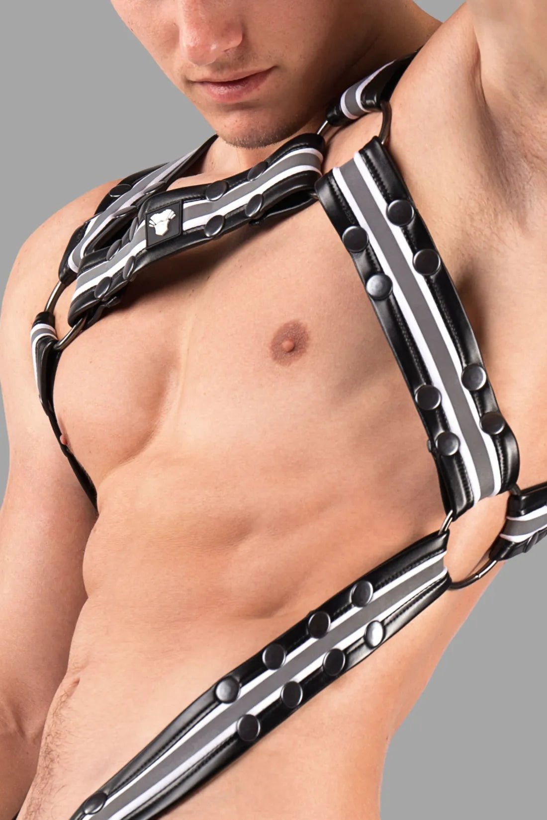Youngero. Men's Fetish Body Harness. Black+White Neon - MHR123 - Y1 - www.maskulo.berlin - Local store