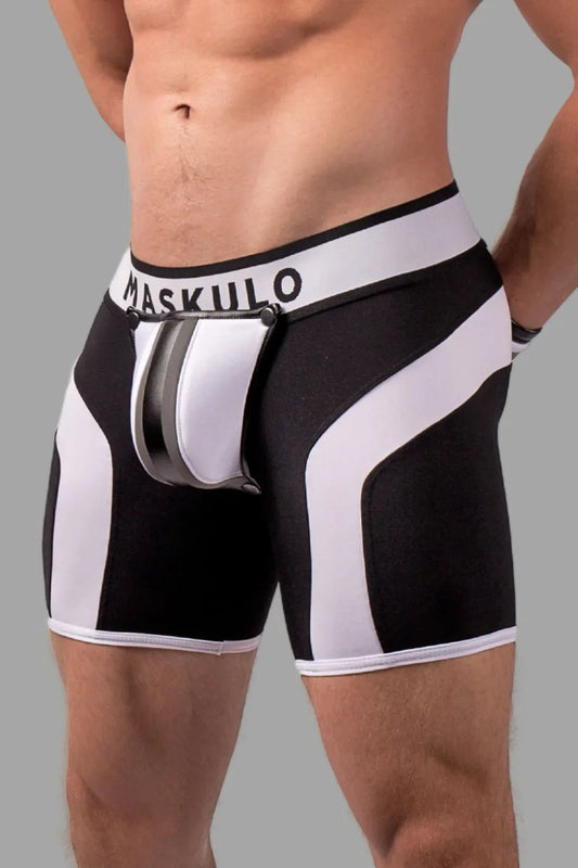 Youngero. Men's Fetish Cycling Shorts. Codpiece. Zipped Rear. Black+White Neon - MSH117 - Y1 - www.maskulo.berlin - Local store