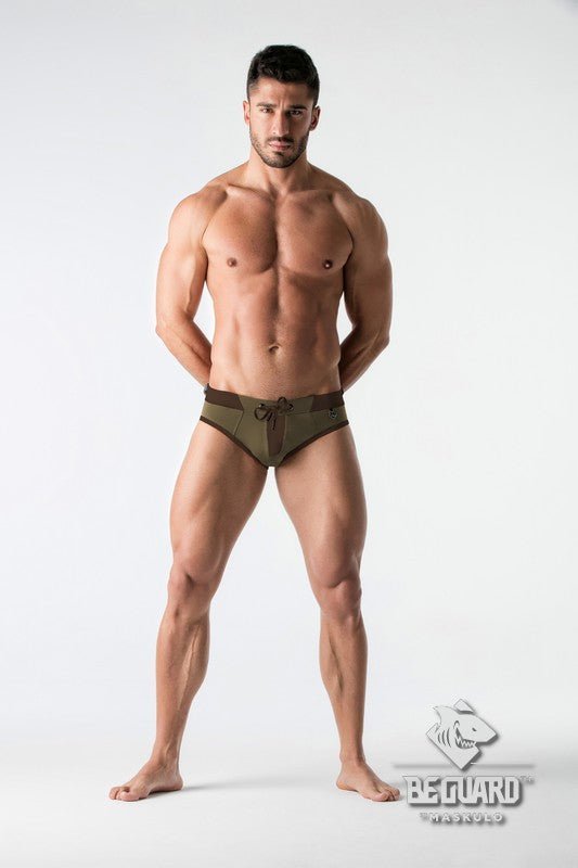 Zip Front Imitation Swimming Briefs. Green 'Khaki'+Dark Coffee - MSW108-Y1 - www.maskulo.berlin - Local store